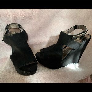 Black Wedges Fabric Peep Toe